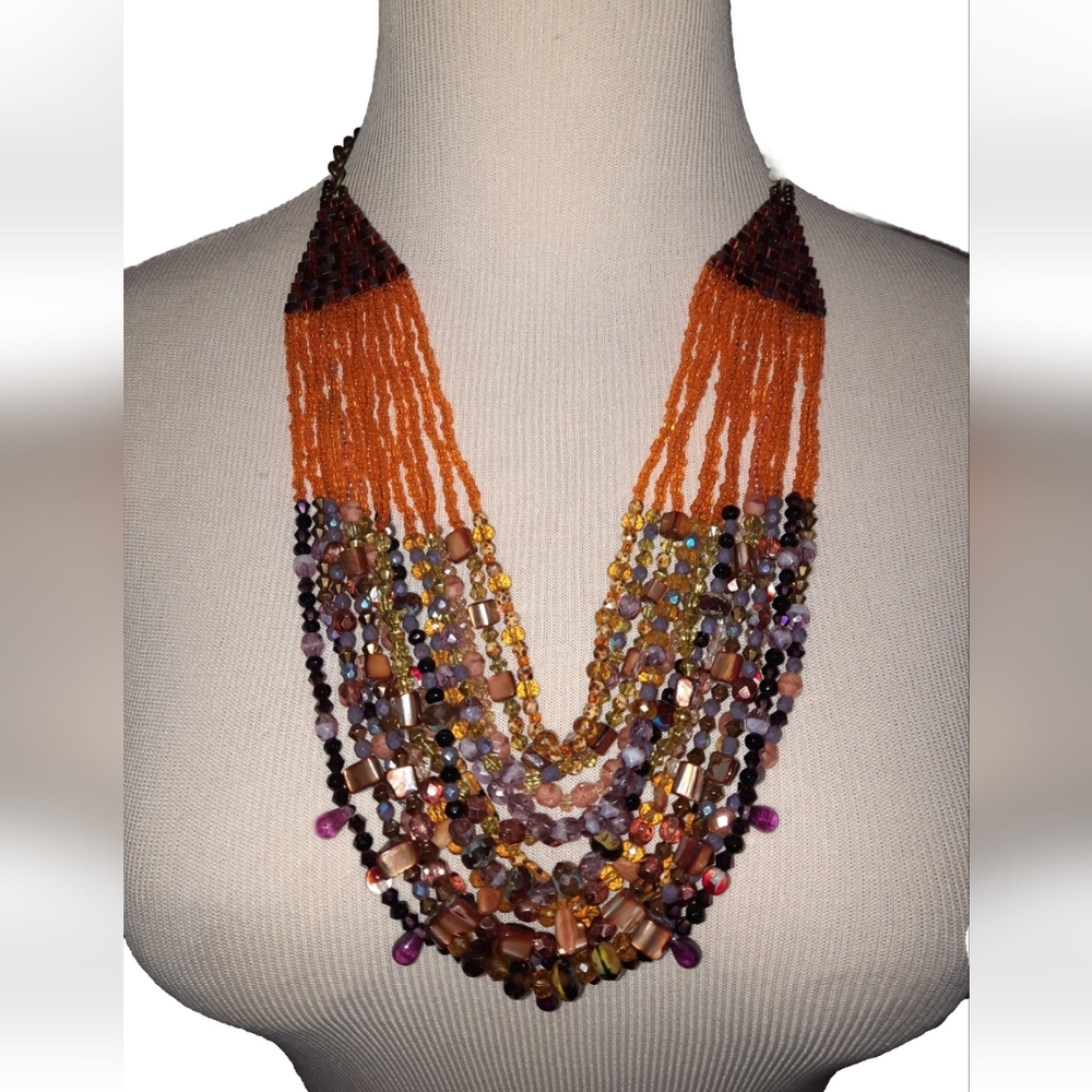 Burnt Orange And Brown Multi Strand Beaded Necklace With Chain